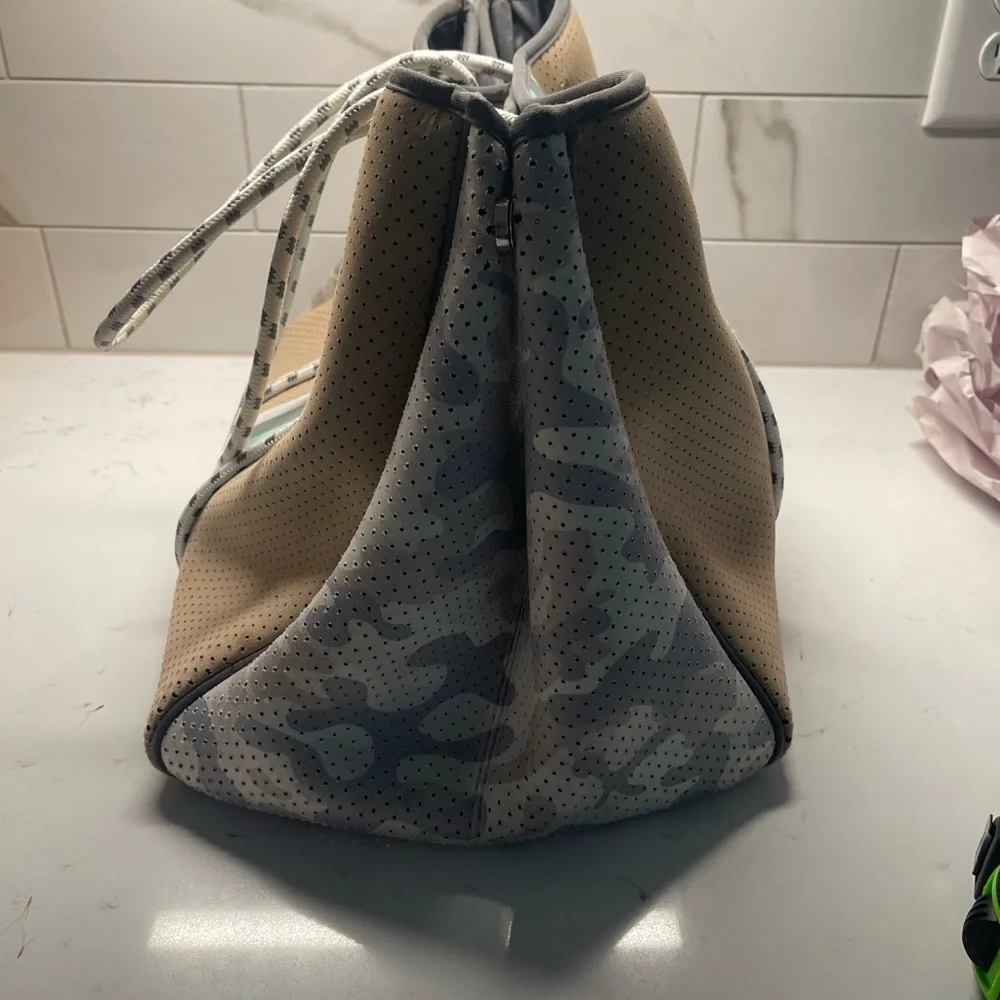 Brown and Gray Perforated Tote Bag with Pouch - Picture 7 of 9